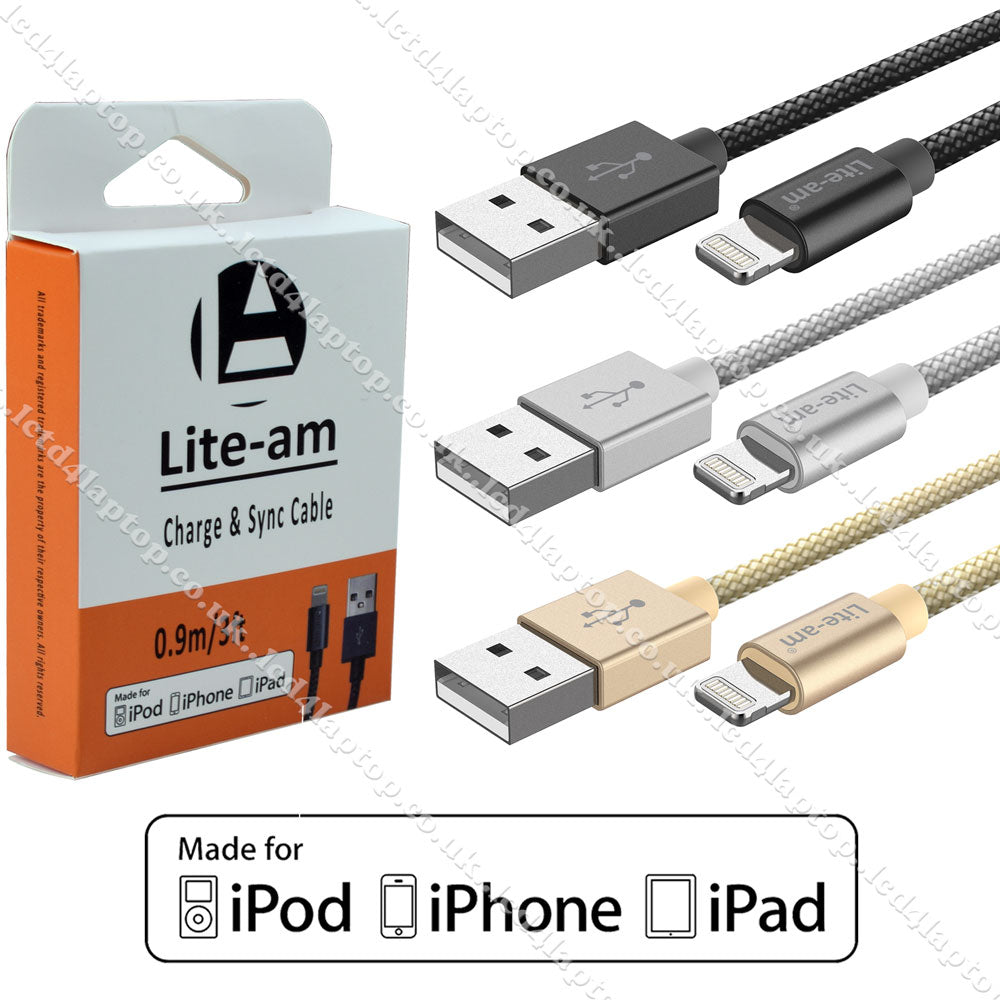 For iPhone iPad iPod Lightning To USB Charge & Data Sync Cable MFi Certified Braided Black/Silver/Gold By Lite-am - Lcd4Laptop
