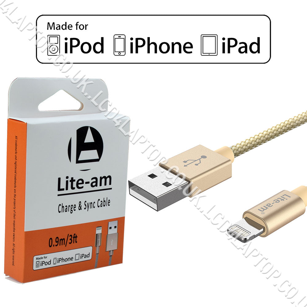 Lite-am® Apple iPhone 8 A1906 MFi Certified Lightning to USB Charge & Sync Cable Gold - Lcd4Laptop
