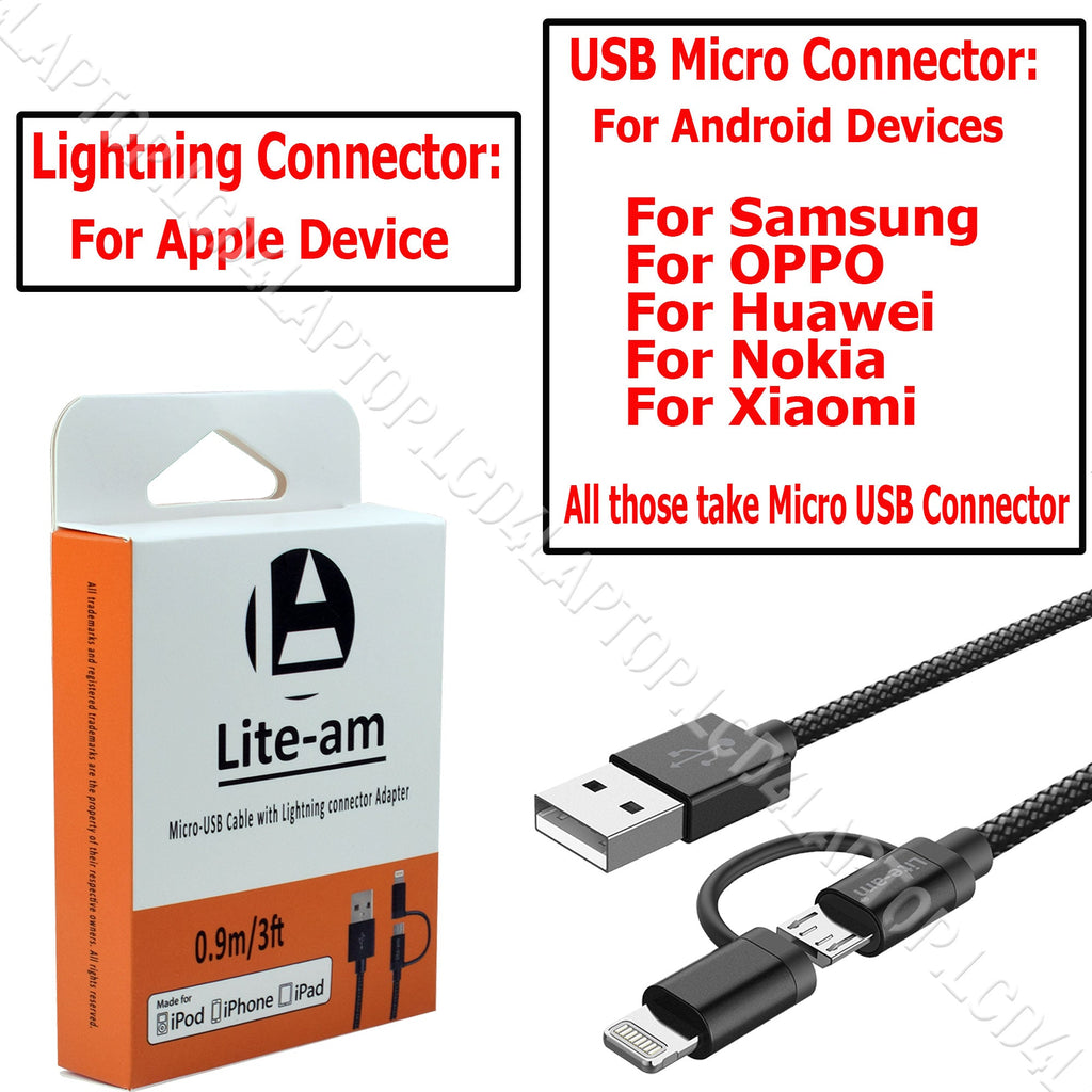 Fast Charge Charging Cable iPhone 14 13 12 SE MFi Lightning/Micro 2in1 - Lcd4Laptop