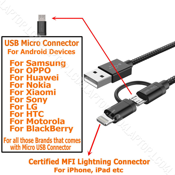 Fast Charge Charging Cable iPhone 14 13 12 SE MFi Lightning/Micro 2in1 - Lcd4Laptop