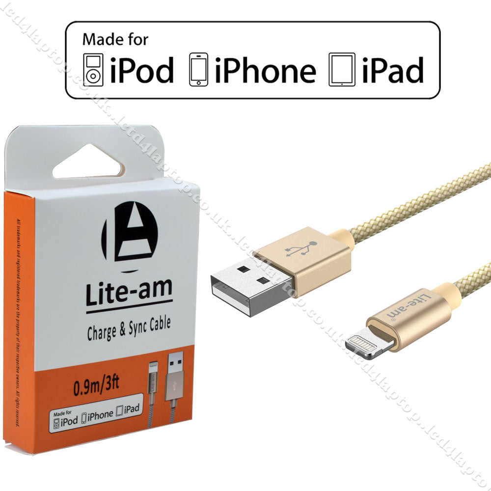 For iPhone iPad iPod Lightning To USB Charge & Data Sync Cable MFi Certified Braided Black/Silver/Gold By Lite-am - Lcd4Laptop