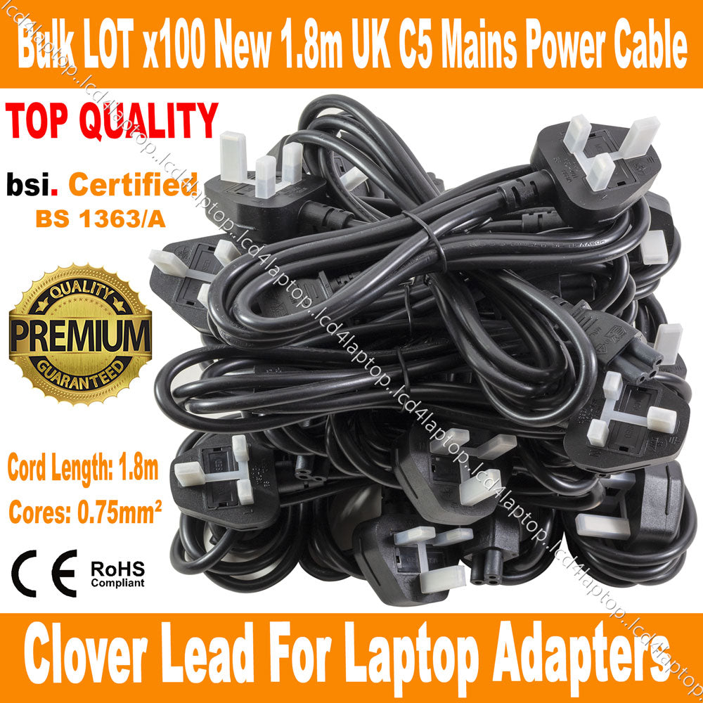Bulk LOT 100 1.8m C5 Mickey Mouse Clover Leaf Mains Power Cable Cord for Laptop Adapter UK 5A Fuse - Lcd4Laptop