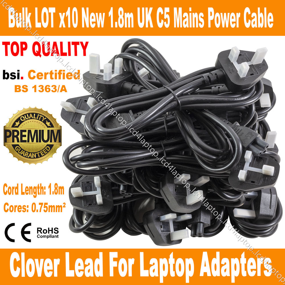 Bulk LOT 10 1.8m C5 Mickey Mouse Clover Leaf Mains Power Cable Cord for Laptop Adapter UK 5A Fuse - Lcd4Laptop