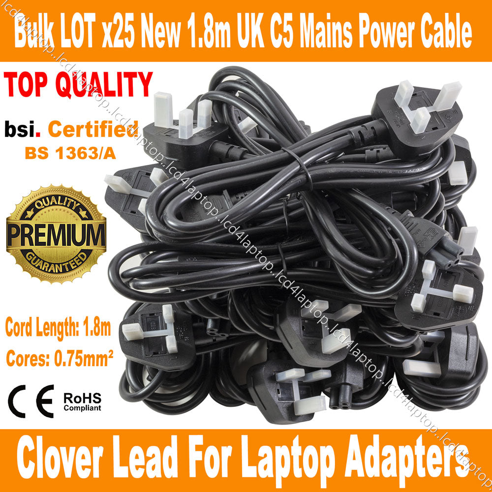 Bulk LOT 25 1.8m C5 Mickey Mouse Clover Leaf Mains Power Cable Cord for Laptop Adapter UK 5A Fuse - Lcd4Laptop