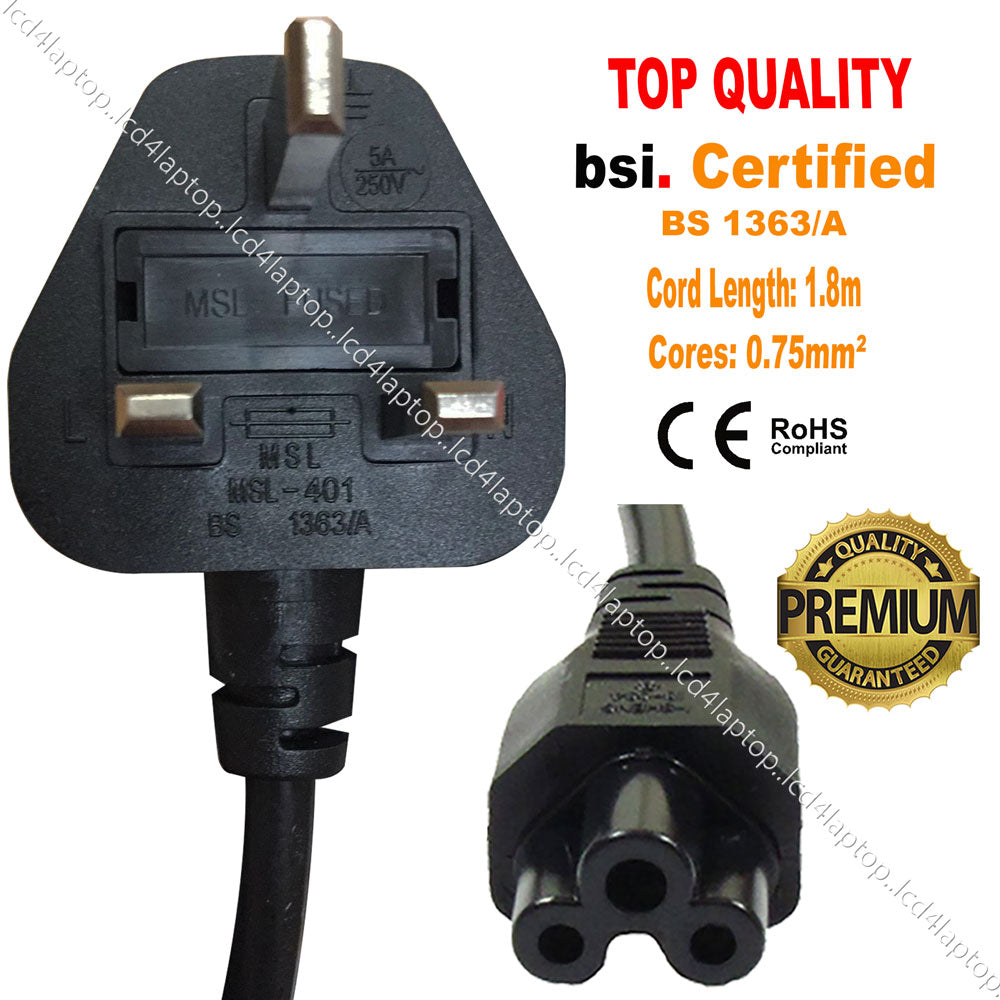 With UK Plug Clover Mains Power Cable for Lenovo Toshiba Samsung Laptop Notebook - Lcd4Laptop