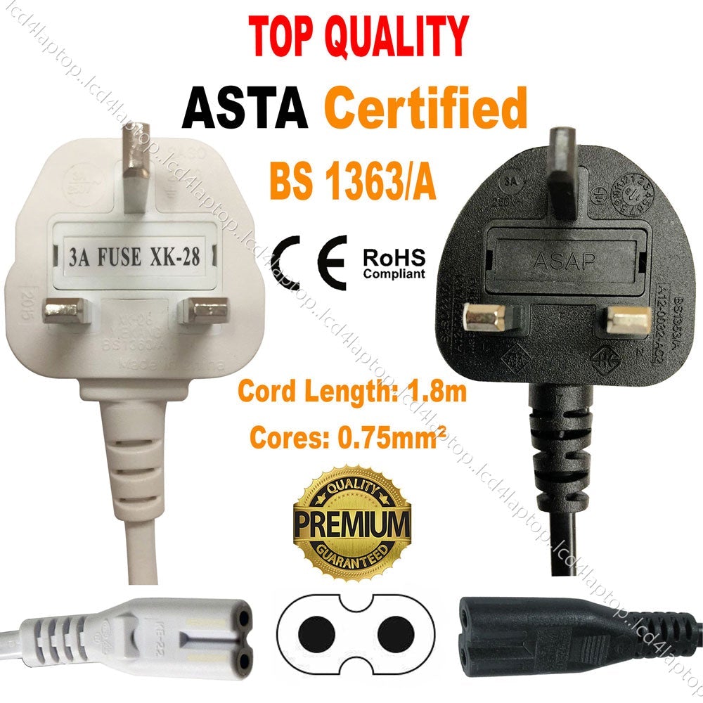 UK Power Cable Figure of 8 Lead C7 For Laptop Stereo CD Player PS2 Sky Box Cable - Lcd4Laptop