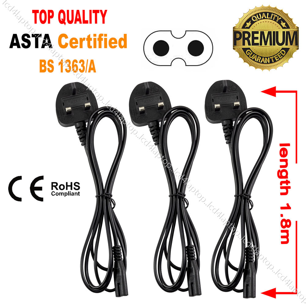 1.8m C7 Fig 8 Power Cord, UK 3 Pin Mains Plug to Figure 8 Cable Lead 1/2/3/4/5/10/25/50/100PCS For Laptop Adapter,Printer,  Scanner & Playstation etc 3A Fuse - Lcd4Laptop
