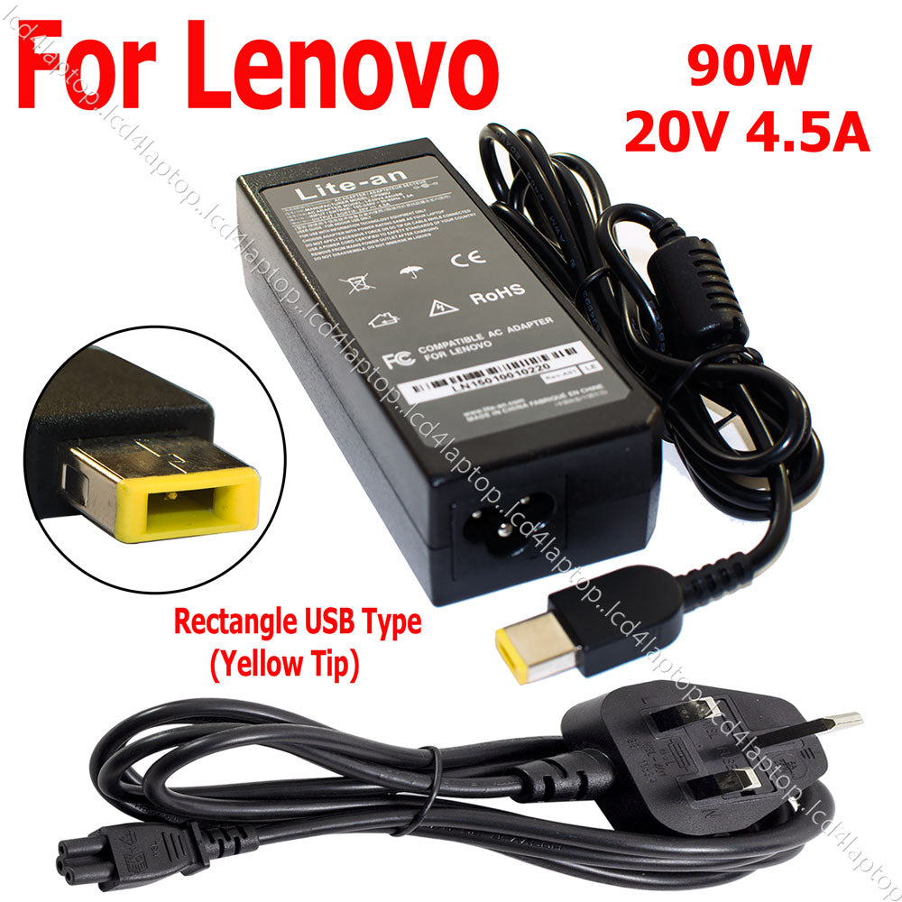 For Lenovo 90W 20V 4.5A Rectangle USB Type Laptop AC Adapter Charger PSU - Lcd4Laptop