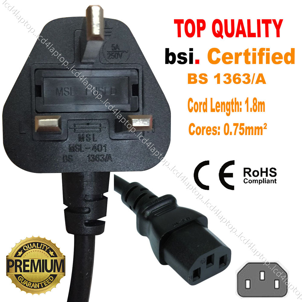1.8m 3Pin UK Mains Power Plug to IEC C13 Kettle Lead for PC Monitor TV