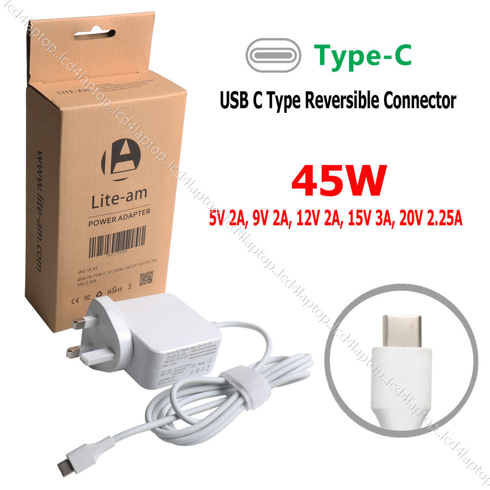 45W USB-C Replacement AC Adapter Battery Charger Auto 5V 9V 12V 15V 20V PSU Power Adapter White - Lcd4Laptop