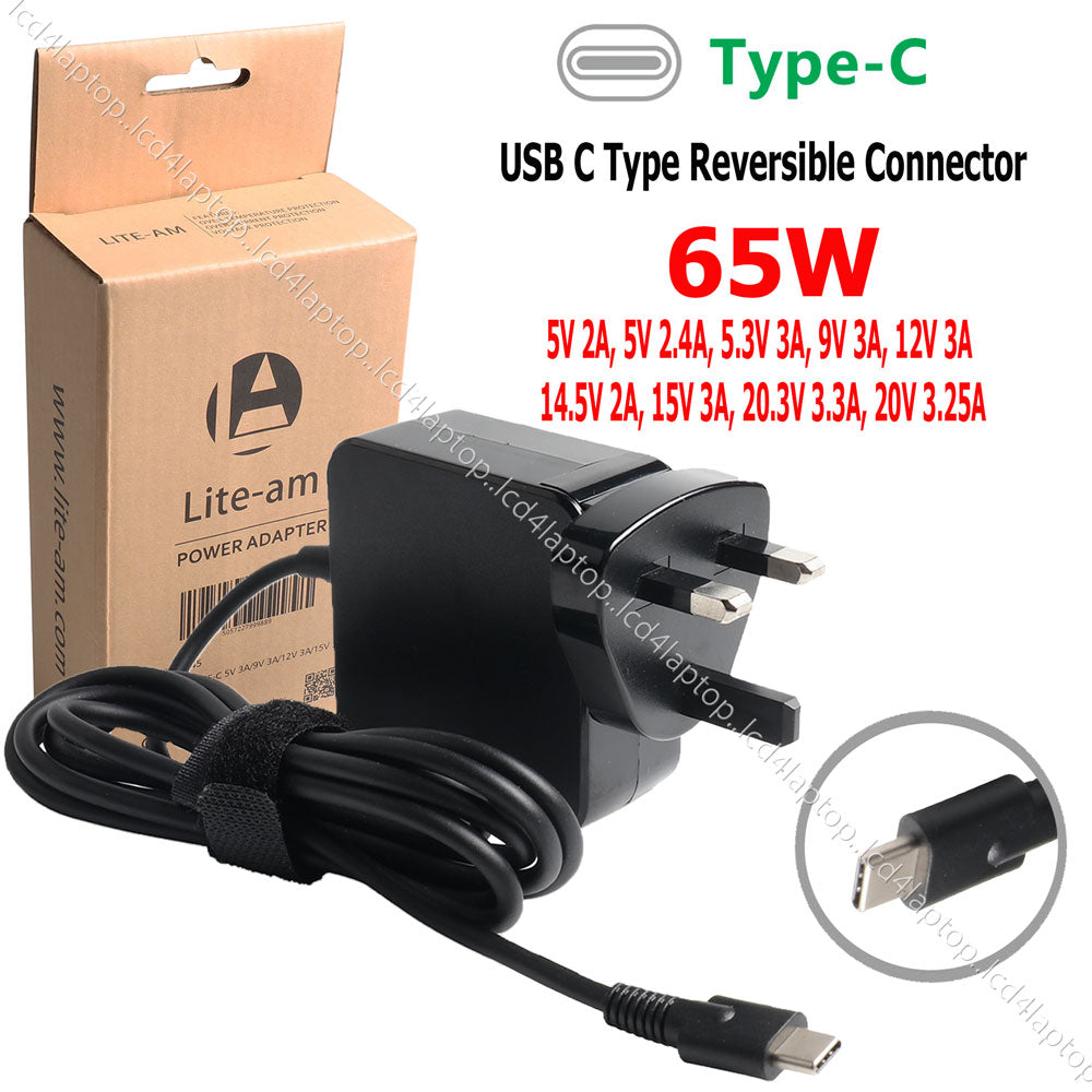 For Dell Latitude 5289 7370 USB-C 65W AC Adapter Charger + UK Plug Replacement by Lite-am - Lcd4Laptop