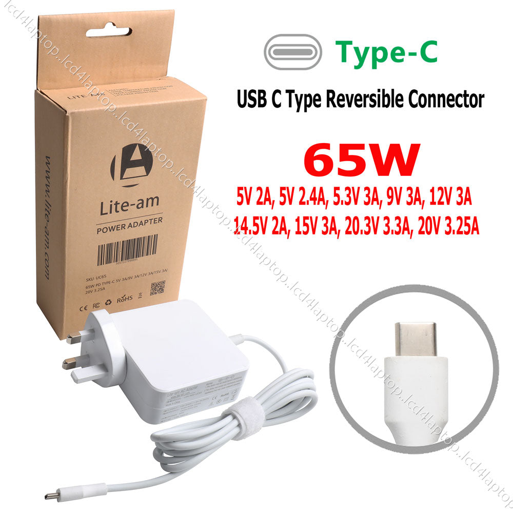 65W USB-C Replacement AC Adapter Battery Charger Auto 5V 9V 12V 14.5V 15V 20V 20.3V PSU Power Adapter White - Lcd4Laptop