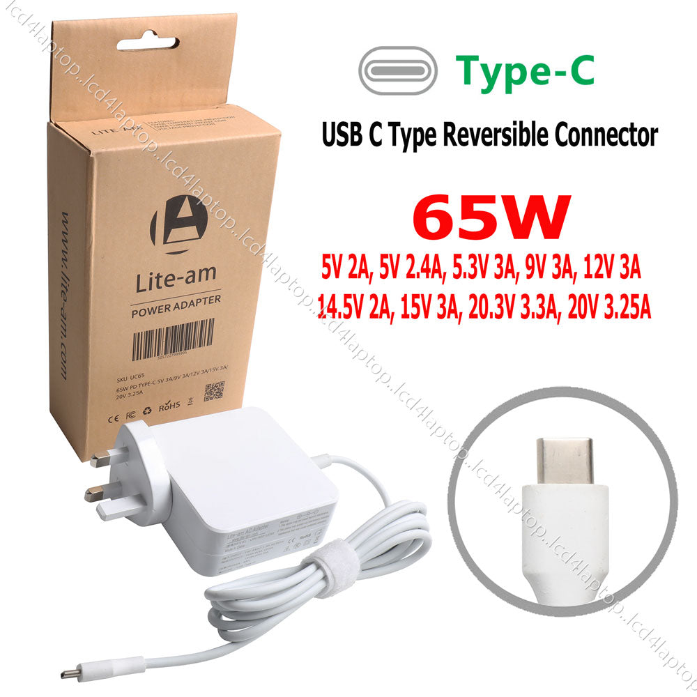For Dell Latitude 11 5179 USB-C 65W AC Power Adapter Charger + UK Plug Replacement by Lite-am - Lcd4Laptop