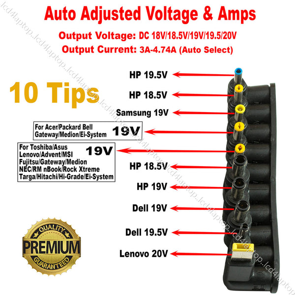 90W Universal 10-Tips Auto Detect Voltage & Amps AC Adapter Charger For Laptop Notebook - Lcd4Laptop