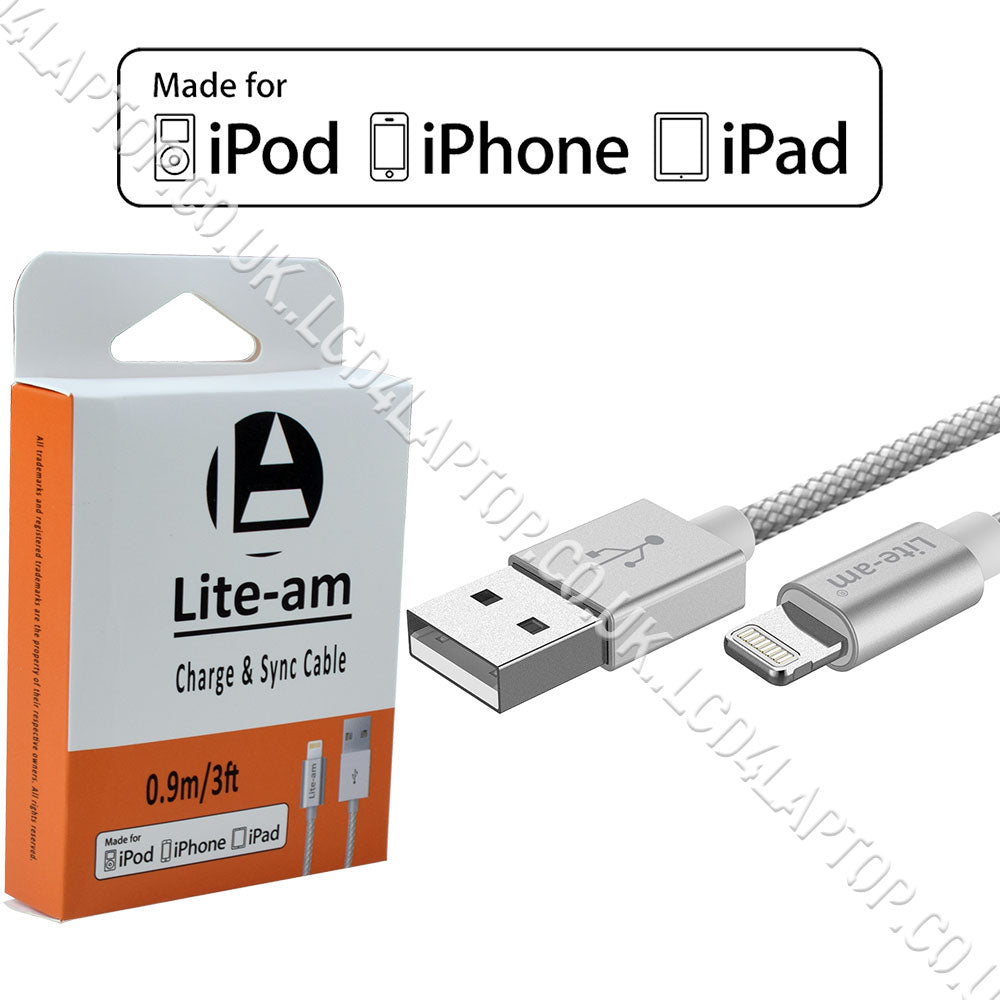 Apple iPhone 6 A1589 MFi Certified Lightning to USB Charge & Sync Cable Silver By Lite-am - Lcd4Laptop