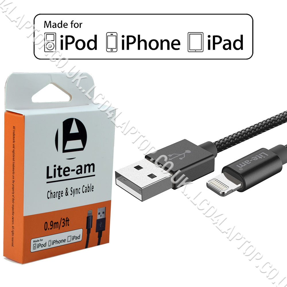 Lite-am® iPhone 8 A1905 MFi Braided Lightning USB Charge & Data Sync Cable Black - Lcd4Laptop